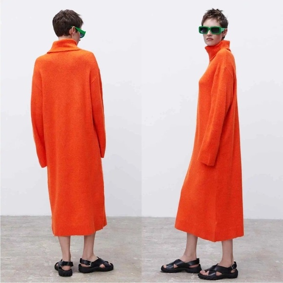 ZARA Oversized Knit Turtleneck Sweater Midi Dress Orange M - Picture 9 of 15